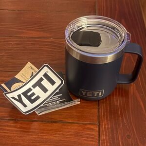 YETI Rambler Navy Blue 14oz Stackable  Mug with Clear Lid  & Corporate Logo- New